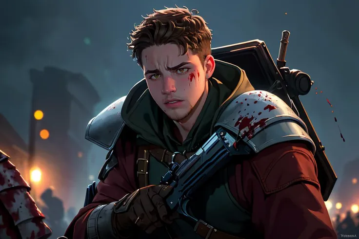 Photograph,22yo slim angry Man dg_ShawnPyfrom (Time-traveling warriors clashing in historical eras.),blood splatter,bokeh,cinematic hd 8k highly detailed,trending artstation,at night,colorful,((full sharp, highly detailed skin)),
<lora:dg_ShawnPyfrom-v1:0.8>,