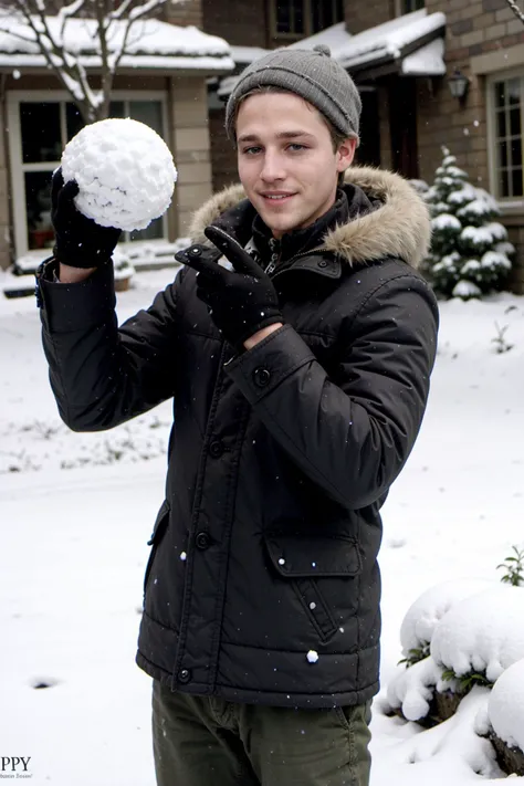 Grinning man (dg_ShawnPyfrom) throwing a snowball,crewcut ,<lora:dg_ShawnPyfrom-v1:0.8>,