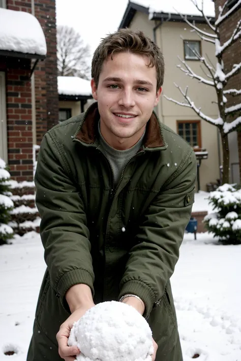 Grinning man (dg_ShawnPyfrom) throwing a snowball,crewcut ,<lora:dg_ShawnPyfrom-v1:0.8>,