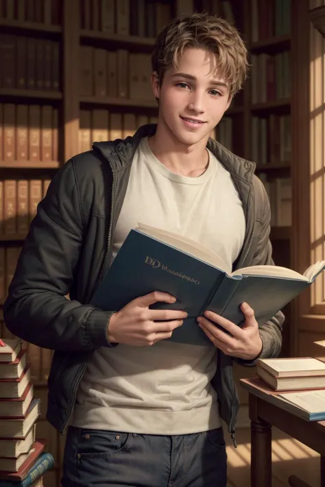 Cute, nerdy boy, brown hair, delicate face, beautiful face, shy squeezing and flushed cheeks, green eyes, delicate mouth, delicate body. He's wearing round glasses, nerdy clothes, holding books. Scene, teenager's room.