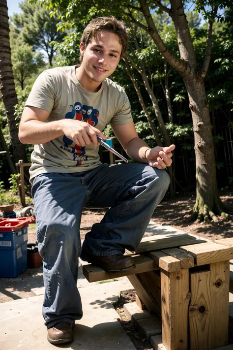 Grinning man (dg_ShawnPyfrom) building a treehouse,crewcut,<lora:dg_ShawnPyfrom-v1:0.8>,