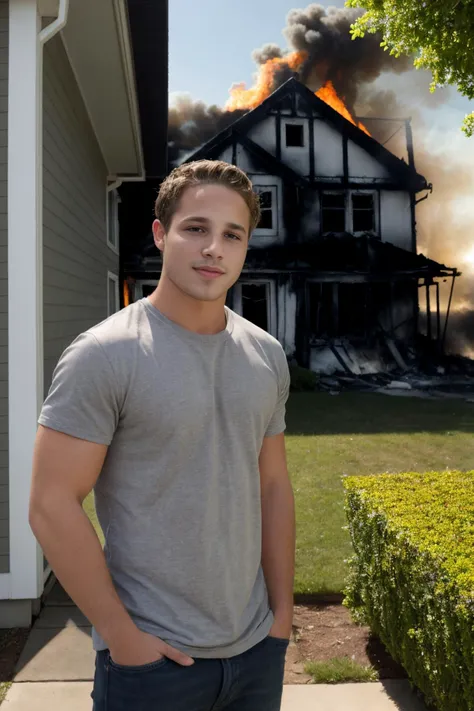 RAW Photo, photo of handsome man 1boy dg_ShawnPyfrom smirking and standing in front of suburban house that's on fire <lora:dg_ShawnPyfrom:0.75>, 8k uhd, dslr, soft lighting, high quality, film grain, Fujifilm XT3