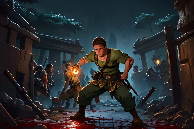 Photograph,22yo slim angry Man dg_ShawnPyfrom (Battle for mythical artifact in lost city.),blood splatter,bokeh,cinematic hd 8k highly detailed,trending artstation,at night,colorful,((full sharp, highly detailed skin)),
<lora:dg_ShawnPyfrom-v1:0.8>,