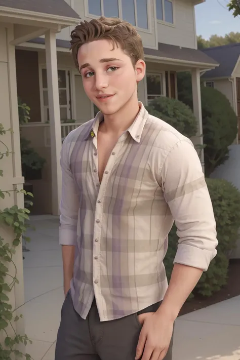 RAW Photo, photo of man 1boy (dg_ShawnPyfrom) with stubble posing in a plaid shirt in suburbs on wisteria lane <lora:dg_ShawnPyfrom:1>, desperate houswives
