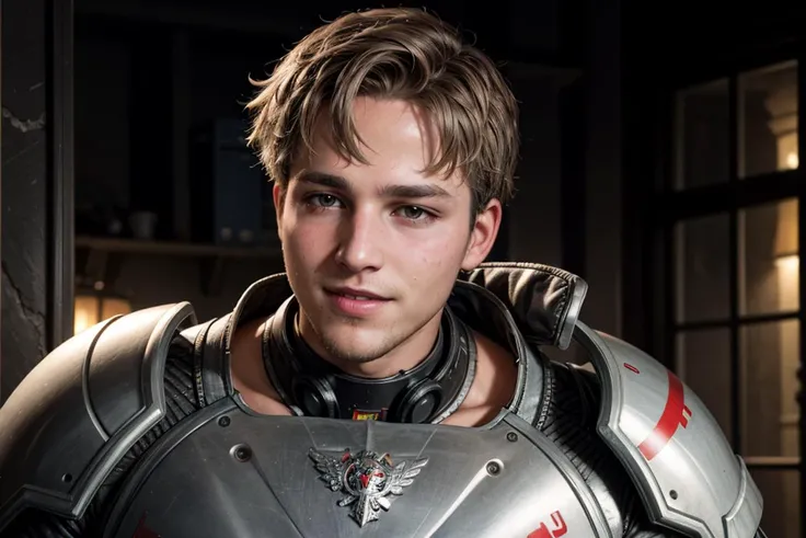 realistic,masterpiece,best quality,cinematic,dynamic lighting,soft shadow,highest detail,professional photography,detailed background,depth of field,insane details,intricate,aesthetic,detailed face,subsurface scattering,realistic hair,realistic eyes,1boy,slim,portrait photo of a grinning (dg_ShawnPyfrom) wearing black/red mecha power armor,glowing,cables,wires,volcanic landscape background,crewcut hair,stubble,upper body,<lora:dg_ShawnPyfrom-v1:0.8>,