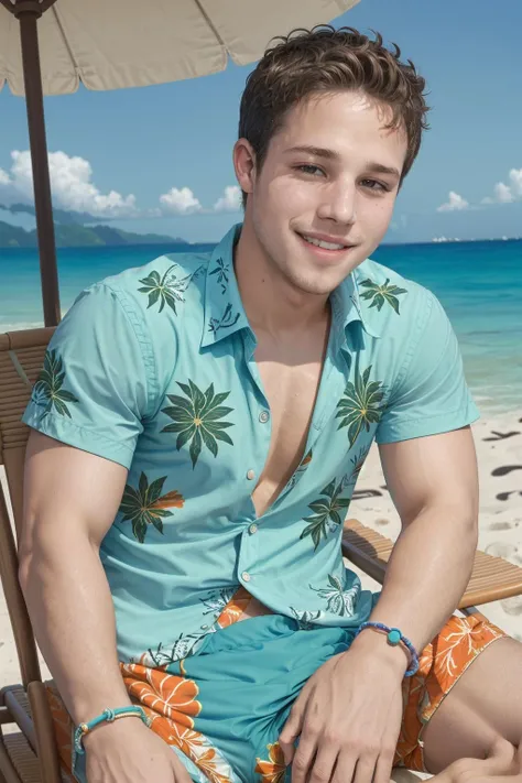 1man DG_ShawnPyfrom, low angle, closeup, slim, smooth bare chest, laughing, looking at viewer, expressive, armpit, hand behind head, legs spread, bulge, sitting in beach chair, (open patterned Hawaiian shirt), smirk, swimming trunks, barefoot, leaning back, cord bracelet, beach, chill atmosphere, night sky, <lora:dg_ShawnPyfrom-v1:0.7>,