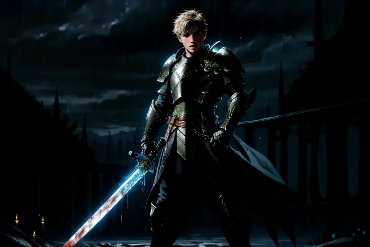 Best quality,masterpiece,ultra high res,(in the dark, deep shadow, low key, cold light),(night:1.4),fix, Glowing style, gold glowing sword, 1man 25yo dg_ShawnPyfrom, saber, armor, sword, blood, (short hair), rain, blood on face, gauntlets, holding weapon, holding sword, solo,  glowing weapon, open mouth, blood on clothes, breastplate flag, glowing sword, glowing, injury, blood on weapon, outdoors, cloudy sky, looking at viewer, teeth, realistic,  <lora:Brightness Adjustment_B_1.1:0.9>,  <lora:dg_ShawnPyfrom-v1:0.8>, <lora:add_detail:0.6>, <lora:Glowing_style_lycoris_1.4:1>,