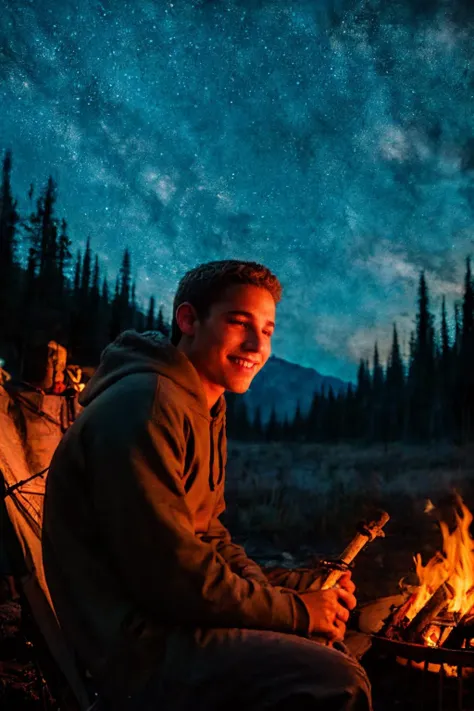 Outdoors nighttime, solo, 1man, 20yo slim dg_ShawnPyfrom, wearing hoodie, sitting in front of a campfire roasting marshmallow impaled on stick over fire, seen from the side, realistic, indirect lighting, atmospheric, intricate detail, smiling, deep dark woods, summer evening, night sky, happy trip camping, campsite, <lora:add_detail:0.6>, <lora:dg_ShawnPyfrom-v1:0.8>, <lora:LowRA:1>,