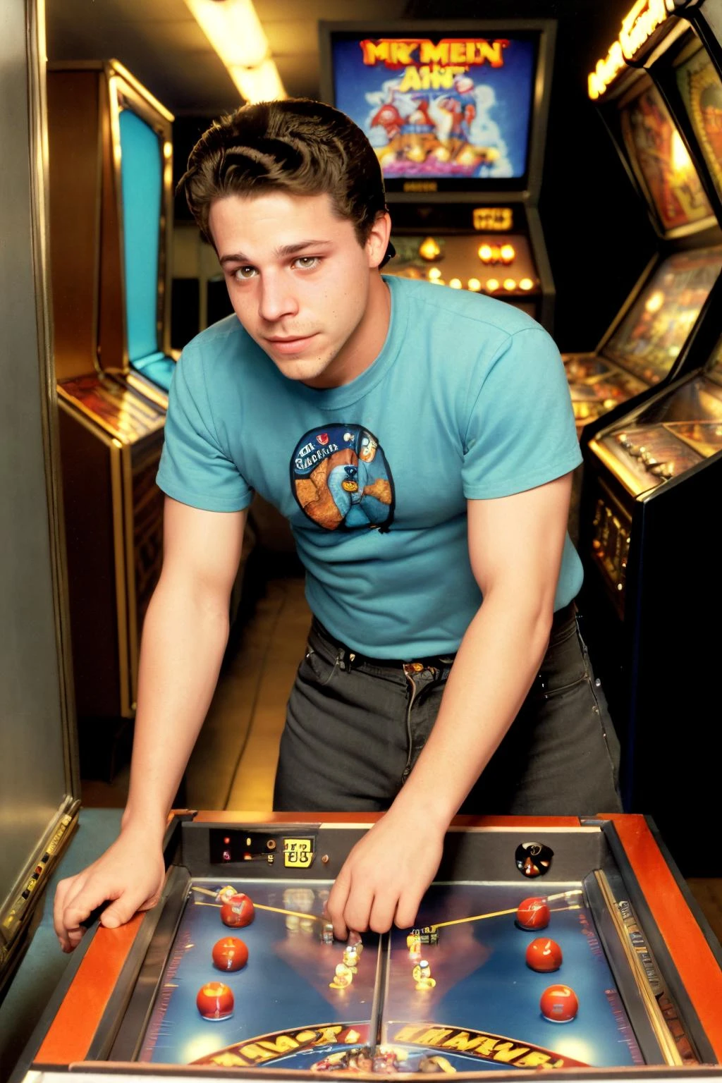 Determined, slim man dg_ShawnPyfrom, playing pinball, 1980s arcade, smokey, <lora:dg_ShawnPyfrom-v1:0.8>,