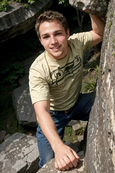 Cowboy shot,determined grin,slim 22yo man dg_ShawnPyfrom,stubble,rock climbing,climbing side of sheer cliff high above the ground,<lora:dg_ShawnPyfrom-v1:0.8>,close up,sweaty,