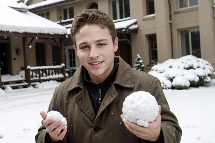 Grinning man (dg_ShawnPyfrom) throwing a snowball,crewcut ,<lora:dg_ShawnPyfrom-v1:0.8>,