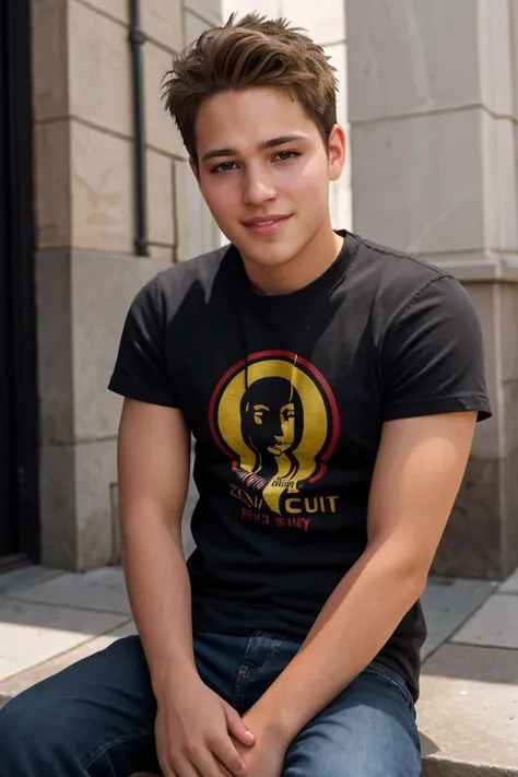 realistic,masterpiece,best quality,cinematic,dynamic lighting,soft shadow,highest detail,professional photography,detailed background,depth of field,insane details,intricate,aesthetic,detailed face,subsurface scattering,realistic hair,realistic eyes,1boy,slim,portrait photo of a grinning (dg_ShawnPyfrom) wearing black/red t-shirt,crewcut hair,stubble,upper body,arms folded,<lora:dg_ShawnPyfrom-v1:0.8>,