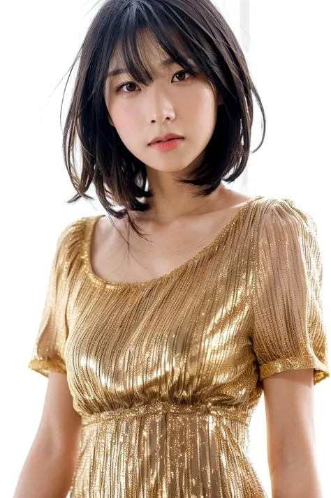 25 years old asian woman with nice slender body, bokeh, (photorealistic:1.4, realistic), highly detailed CG unified 8K wallpapers, 1girl, looking at viewer, (HQ skin:1.4), 8k uhd, dslr, soft lighting, high quality, film grain, Fujifilm XT3 ((((gold short short sleeves dress)))), (((simple background, white background))) <lora:MyungAh-V1:0.8> ((black short hair, hair bangs))