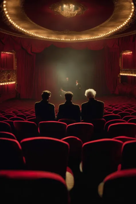 <lora:Roger Deakins Style:1>Roger Deakins Style - two men sitting at small round tables in the first row of an audience room of a moulin rouge theater and watch the stage