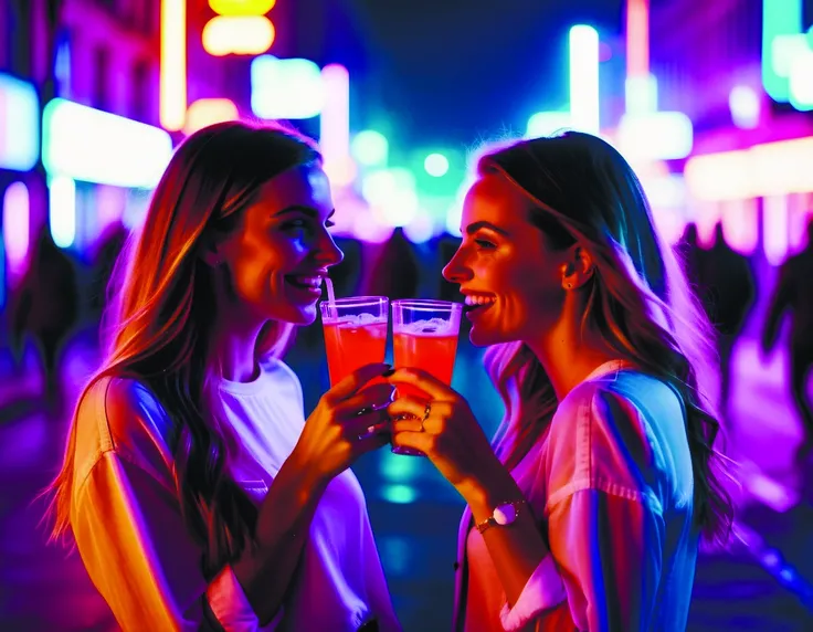 insanely detailed long shot photo of 2+girl having fun drinking in a busy city street,looking at viewer smiling,neon lighting,photorealism 8k,pastel colors,haze,intricate,cinematic light,colorful <lora:add-detail-xl:1.4> <lora:Roger Deakins Style:0.8>