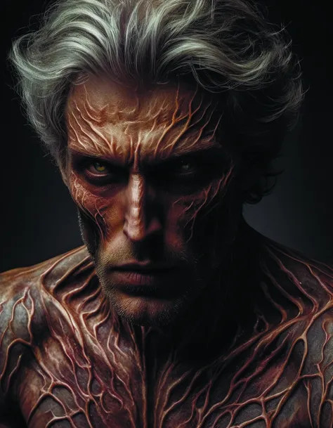 A piece of concept depicting a male horrific demon with realistic,intricate details. The should contain chaotic brush strokes reminiscent of the style commonly seen. Focus,flowing composition with high contrast and a primarily color scheme,to evoke a sense of movement and drama. Very,DonMD3m0nXL <lora:DonMD3m0nXL-000010:0.8>,by diegocr,<lora:add-detail-xl:1.6>,Roger Deakins Style <lora:Roger Deakins Style:0.7>