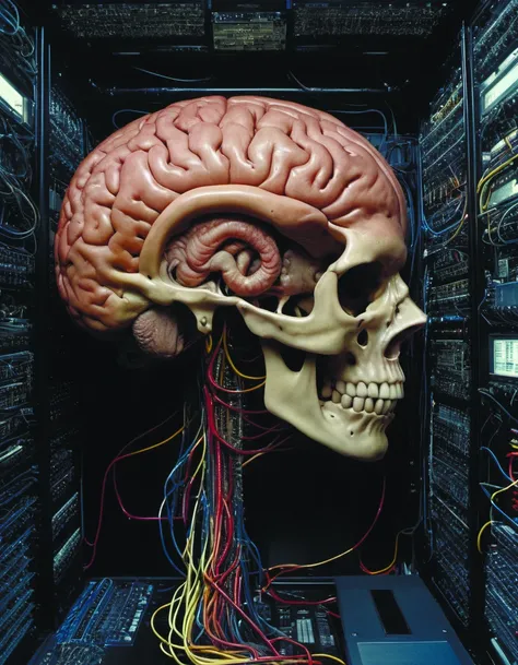 realistic detailed photo rendered in octane 3d,of a big human brain connected with wires and cords to an old PC computers from 90s in a psychedelic server room by Francis Bacon,by H.R. Giger,by Ayami Kojima,Amano,Karol Bak,Greg Hildebrandt,and Mark Brooks,rich deep colors. Beksinski,photo by Takato Yamamoto. masterpiece. rendered in blender,ultra realistic,smooth shading,ultra detailed,high resolution,cinematic,6D <lora:add-detail-xl:1.6> Roger Deakins Style <lora:Roger Deakins Style:0.7>