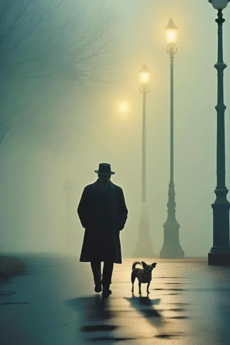 <lora:Roger Deakins Style:1>Roger Deakins Style - man with hat walks with chihuahua dog in fog winter, retro street lamp posts, Canon 5D, color image in the style of David Fincher