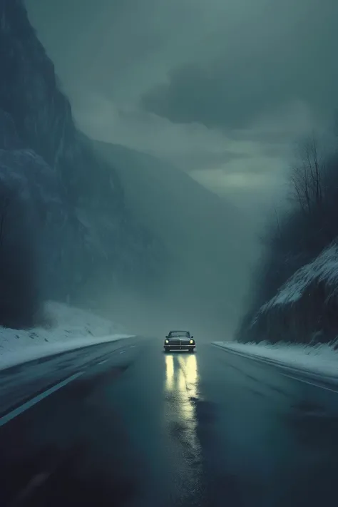 <lora:Roger Deakins Style:1>Roger Deakins Style - a car on an eerie mountainous road in the Annecy region, a snow storm is coming, captured in a psychological thriller style with the visual aesthetic of Roger Deakins as the director of photography