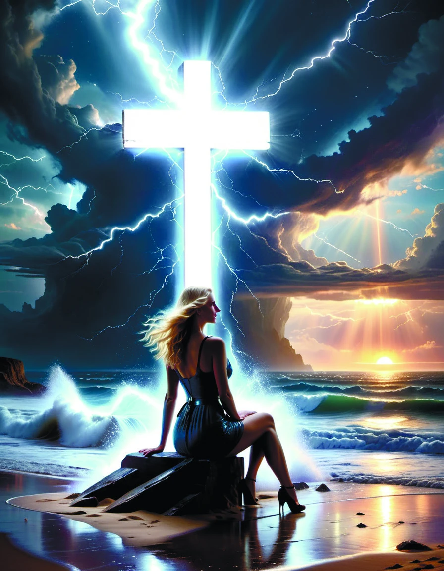 a highly detailed portrait of a large cross standing on the beach as a storm comes in with the tide,a beautiful blonde woman sitting in the sand watching the ocean,epic fantasy,god rays,rocky beach,aerial photography,volumetric lighting,octane,exquisite detail,8 k,photo by norman rockwell and albert bierstadt and <lora:add-detail-xl:1.4> teslapunkai style <lora:TeslaPunkAIXLv2p:0.7> DonMC3l3st14l3xpl0r3rsXL style <lora:DonMC3l3st14l3xpl0r3rsXL-000007:0.6> per Roger Deakins Style <lora:Roger Deakins Style:0.5>