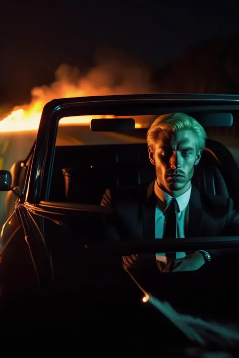 <lora:Roger Deakins Style:1>Roger Deakins Style - portrait shot through the window of a vehicle. an ominous alaskan looking man in a black suit with bleach blond hair looks out the passenger window at a fire, sitting next to his brunette male colleage who is driving. The blonde man is sitting in the passenger seat ofa black 2022 cadillac CT5-v at night. The man looks at the camera. Out of focus in the background, his suited partner drives the car on a long road deep in the florida everglades. All black leather interior. driver in background out of focus in background. Late at night on a dark everglades road. 8k f2.1 film photo