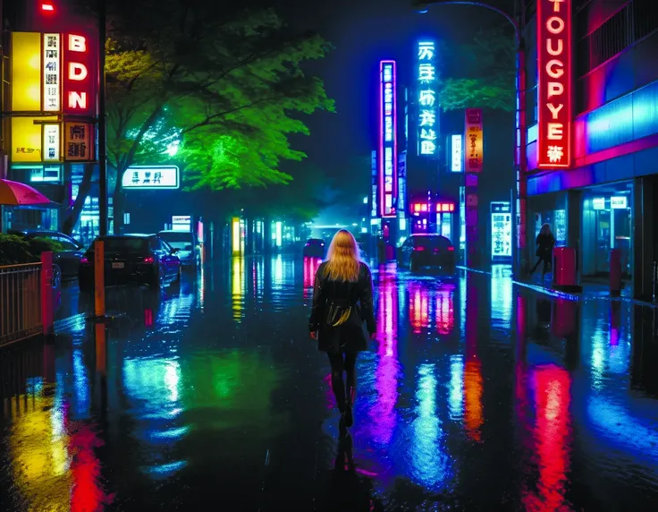 white haired girl walking in a vibrant flooded tokyo at night,rainy day,neon lights lots of trees,dense vegetation,engine,high octane,volumetric lighting,exposure ambient lighting,blooming,cinematic,subtle,vibrant colors,photo,ultra realistic,hyper realistic,extreme detail,4 k,8 k,hdr,ivan <lora:add-detail-xl:1.4> <lora:Roger Deakins Style:0.8>