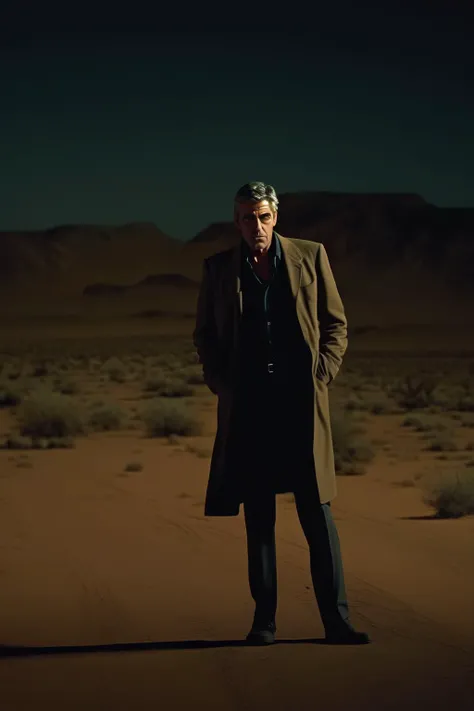 <lora:Roger Deakins Style:1>Roger Deakins Style - a film still quality image in the style of Roger Deakins of George Clooney in a desert at night