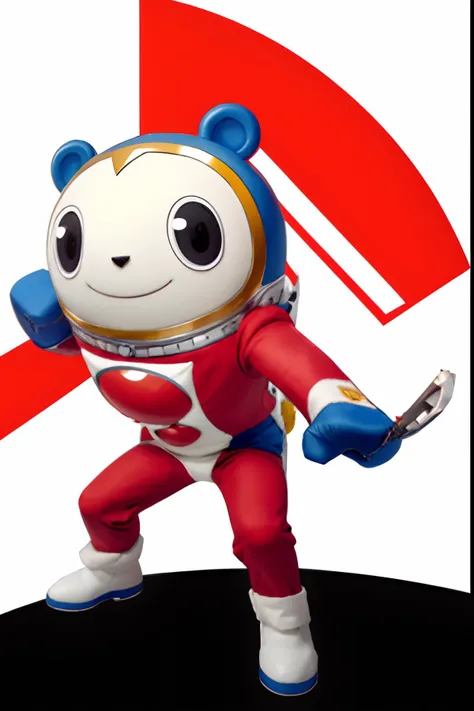 , <lora:teddiep4:1> teddiep4, black eyes, round body, blue hair, cute,red suit, short arms, short legs, paws, cute eyes, simplistic, white face, <lora:LoraGoth:1> aiming at viewer, handgun, holding pistol, best quality, masterpiece,