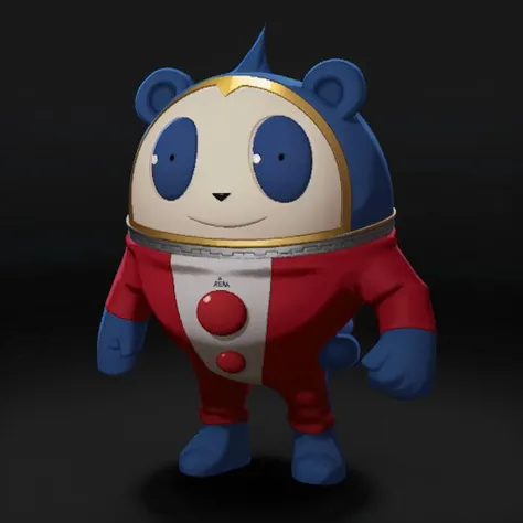 teddiep4, walking in tokyo, portrait of creature, round body, blue hair, cute, smile, cartoon, red suit, small arms, small legs, persona 4 style, paws, cinematic lighting