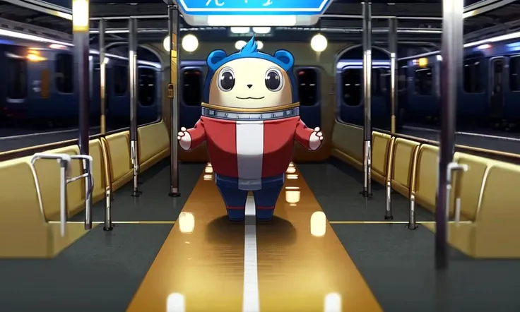 teddiep4, portrait of creature, black eyes, round body, blue hair, cute, smile, cartoon, red suit, short arms, short legs, paws, depth of field, train station, japan, cute eyes, simplistic, cinematic lighting