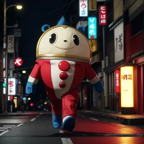 teddiep4, walking in tokyo, portrait of creature, round body, blue hair, cute, smile, cartoon, red suit,  small arms, small legs, persona 4 style, paws, cinematic lighting