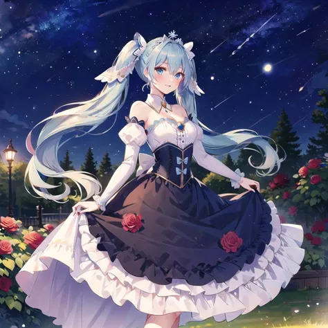 (best quality, masterpiece:1.2), 1girl, solo, yukimiku2019, yuki miku, hatsune miku, very long blue hair, blue eyes, silver tiara, detached sleeves, twintails, bare shoulders, hair ornament, parted lips, strapless, long sleeves, skirt hold, blue skirt, dress, puffy sleeves, white sleeves, juliet sleeves, bangs, frills, hair between eyes, bow, strapless dress, detached collar, (blue nails, nail polish:1.0), dancing, looking at viewer, smile, aroused, blush, (full body:1.1), (night, starry sky, red rose garden, palace, beautiful detailed background:1.1)   <lora:Ykmk2019LoRA10:0.9>