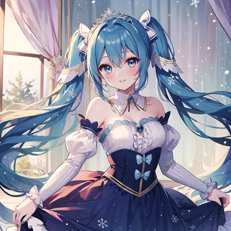 (best quality, masterpiece:1.2), 1girl, solo, yukimiku2019, yuki miku, very long blue hair, blue eyes, silver tiara, detached sleeves, twintails, bare shoulders, hair ornament, parted lips, strapless, long sleeves, skirt hold, blue skirt, snow flake print trimmed dress, puffy sleeves, white sleeves, juliet sleeves, bangs, frills, hair between eyes, bow, strapless dress, detached collar, (blue nails, nail polish:1.0), dancing, looking at viewer, smile, aroused, blush, fantasy palace, ballroom, <lora:Ykmk2019LoRA10:0.8>