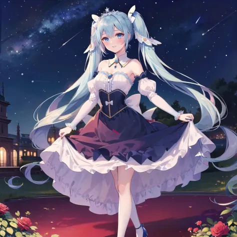 (best quality, masterpiece:1.2), 1girl, solo, yukimiku2019, yuki miku, hatsune miku, very long blue hair, blue eyes, silver tiara, detached sleeves, twintails, bare shoulders, hair ornament, parted lips, strapless, long sleeves, skirt hold, blue skirt, dress, puffy sleeves, white sleeves, juliet sleeves, bangs, frills, hair between eyes, bow, strapless dress, detached collar, (blue nails, nail polish:1.0), dancing, looking at viewer, smile, aroused, blush, (full body:1.1), (night, starry sky, red rose garden, palace, beautiful detailed background:1.1) <lora:Ykmk2019LoRA10:0.8>