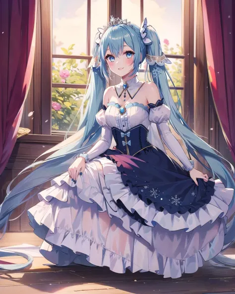 (best quality, masterpiece:1.2), 1girl, solo, yukimiku2019, yuki miku, very long blue hair, twintails, hair ornament, blue eyes, silver tiara, detached white sleeves, juliet puffy sleeves, strapless, bare shoulders, long sleeves, blue skirt, frilled dress, bangs, frills, hair between eyes, bow, strapless dress, detached collar, blue nails, nail polish parted lips, looking at viewer, smile, blush, full body, <lora:Ykmk2019LoRA10:0.8>
