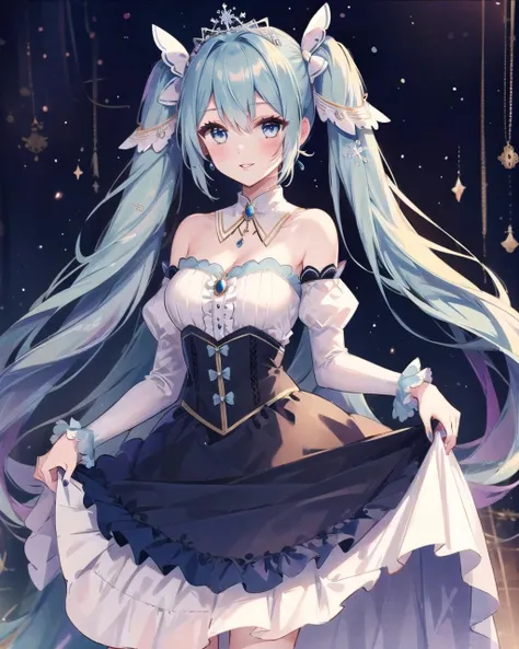 (best quality, masterpiece:1.2), 1girl, solo, yukimiku2019, yuki miku, very long blue hair, blue eyes, silver tiara, detached sleeves, twintails, bare shoulders, hair ornament, parted lips, strapless, long sleeves, skirt hold, blue skirt, frilled dress, puffy sleeves, white sleeves, juliet sleeves, bangs, frills, hair between eyes, bow, strapless dress, detached collar, (blue nails, nail polish:1.0), dancing, looking at viewer, smile, aroused, blush, fantasy palace, ballroom, <lora:Ykmk2019LoRA10:0.9>