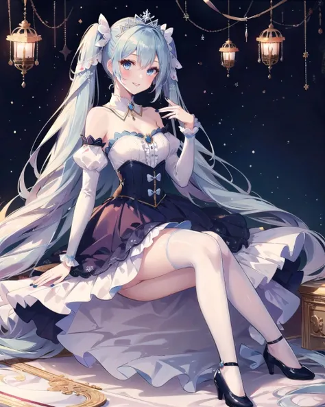 (best quality, masterpiece:1.2), 1girl, solo, yukimiku2019, yuki miku, very long blue hair, twintails, hair ornament, blue eyes, silver tiara, detached white sleeves, juliet puffy sleeves, strapless, bare shoulders, long sleeves, blue skirt, frilled dress, bangs, frills, hair between eyes, bow, strapless dress, detached collar, blue nails, nail polish parted lips, looking at viewer, smile, blush, full body, <lora:Ykmk2019LoRA10:0.8>