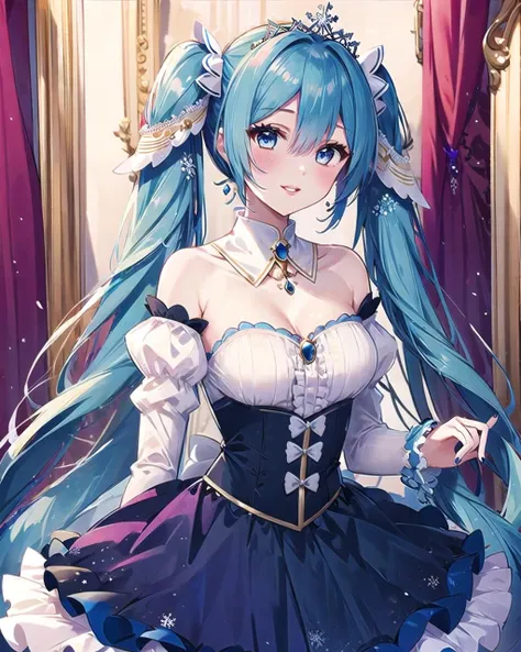 (best quality, masterpiece:1.2), 1girl, solo, yukimiku2019, yuki miku, very long blue hair, blue eyes, silver tiara, detached sleeves, twintails, bare shoulders, hair ornament, parted lips, strapless, long sleeves, skirt hold, blue skirt, frilled dress, puffy sleeves, white sleeves, juliet sleeves, bangs, frills, hair between eyes, bow, strapless dress, detached collar, (blue nails, nail polish:1.0), dancing, looking at viewer, smile, aroused, blush, fantasy palace, ballroom, <lora:Ykmk2019LoRA10:0.9>