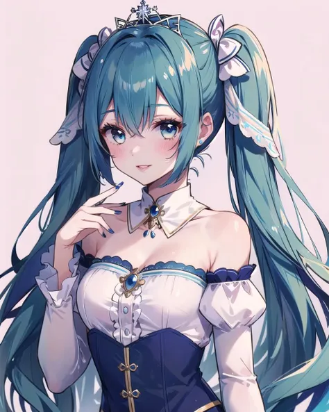 (best quality, masterpiece:1.2), 1girl, solo, yukimiku2019, yuki miku, very long blue hair, twintails, hair ornament, blue eyes, silver tiara, detached white sleeves, juliet puffy sleeves, strapless, bare shoulders, long sleeves, blue skirt, frilled dress, bangs, frills, hair between eyes, bow, strapless dress, detached collar, blue nails, nail polish parted lips, looking at viewer, smile, blush, <lora:Ykmk2019LoRA10:0.8>