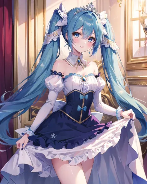 (best quality, masterpiece:1.2), 1girl, solo, yukimiku2019, yuki miku, very long blue hair, blue eyes, silver tiara, detached sleeves, twintails, bare shoulders, hair ornament, parted lips, strapless, long sleeves, skirt hold, blue skirt, frilled dress, puffy sleeves, white sleeves, juliet sleeves, bangs, frills, hair between eyes, bow, strapless dress, detached collar, (blue nails, nail polish:1.0), dancing, looking at viewer, smile, aroused, blush, fantasy palace, ballroom, <lora:Ykmk2019LoRA10:0.8>