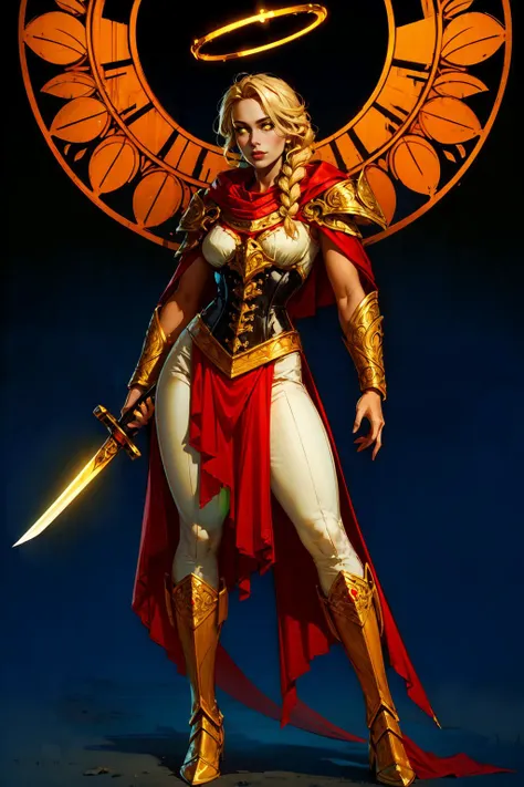 paladin lady holding glowing sword, blonde hair, braid, ornate golden armor, white pants, ornate pauldrons, black corset, glowing yellow eyes, red cape, glowin halo, full body <lora:sxz-concept:0.5>