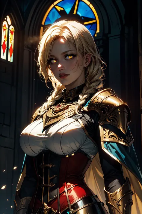 upper body of paladin lady in ornate golden armor, black collar, pauldrons, breastplate, corset, glowing halo, single braid, blonde, yellow glowing eyes, bright pupils, eye focus, red cape, temple indoors, stained glass windows, night, moonlight, particles, light beam, chromatic aberration