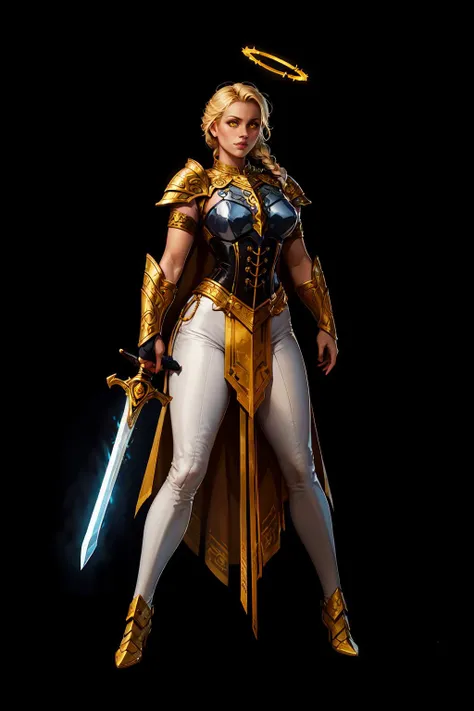 paladin lady holding glowing sword, blonde hair, braid, ornate golden armor, white pants, ornate pauldrons, black corset, glowing yellow eyes, red cape, glowin halo, full body <lora:sxz-concept:0.66>