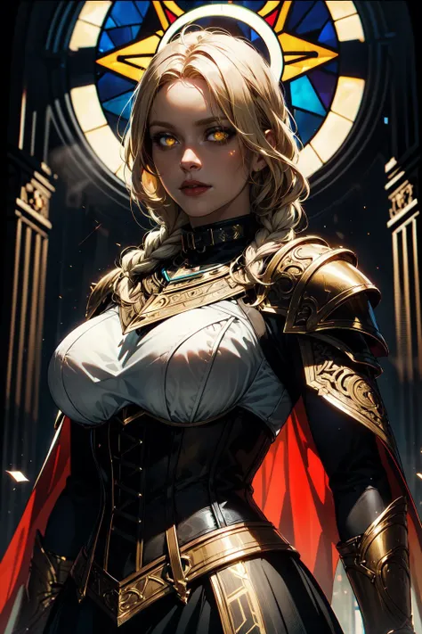 upper body of paladin lady in ornate golden armor, black collar, pauldrons, breastplate, corset, glowing halo, single braid, blonde, yellow glowing eyes, bright pupils, eye focus, red cape, temple indoors, stained glass windows, night, moonlight, particles, light beam, chromatic aberration