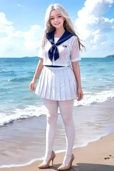 masterpiece,best quality,1girl,standing,high heels,cloudy,on the beach,(sad:1.25),white pantyhose,wet clothes,(light smile:1.3),long hair,hair over eyes,sun,plump,tan,sailor suit,white hair,pleated skirt,big eyes,