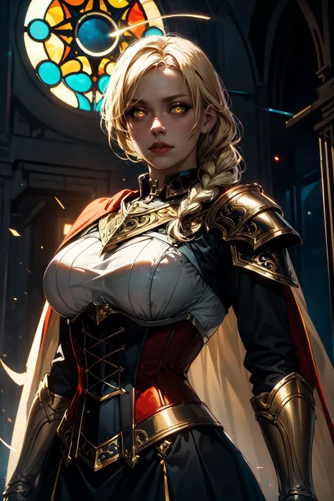 upper body of paladin lady in ornate golden armor, black collar, pauldrons, breastplate, corset, glowing halo, single braid, blonde, yellow glowing eyes, bright pupils, eye focus, red cape, temple indoors, stained glass windows, night, moonlight, particles, light beam, chromatic aberration