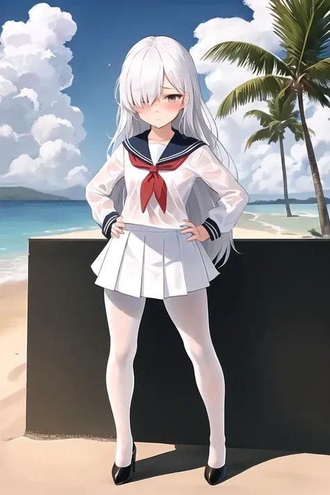 masterpiece,best quality,1girl,standing,high heels,cloudy,on  the  beach,(hands on hips:1.25),white pantyhose,wet clothes,(tsundere:1.3),long hair,hair over eyes,sun,plump,tan,sailor  suit,white hair,pleated skirt,