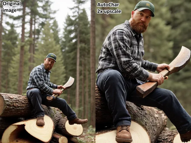 lumberjack with axe staying in forest, staying by one leg on spruce log