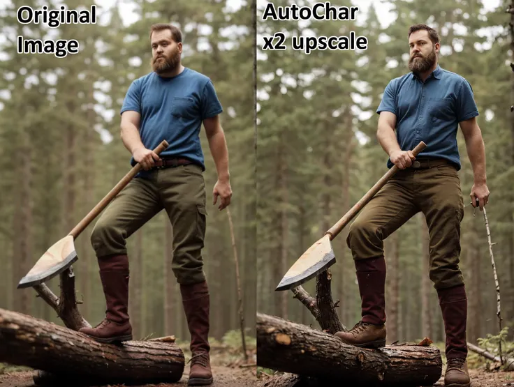 lumberjack with axe staying in forest, staying by one leg on spruce log