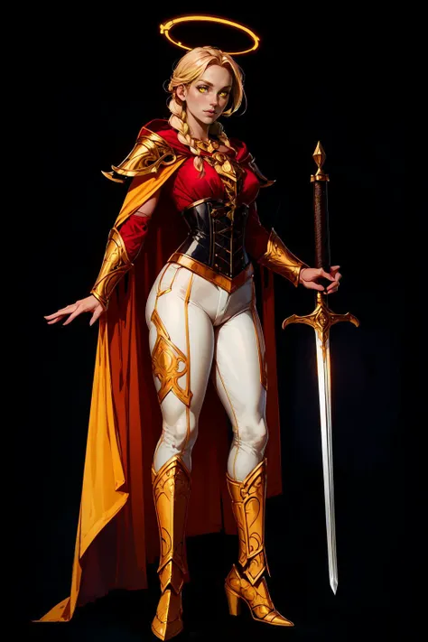 paladin lady holding glowing sword, blonde hair, braid, ornate golden armor, white pants, ornate pauldrons, black corset, glowing yellow eyes, red cape, glowin halo, full body <lora:sxz-concept:0.66>